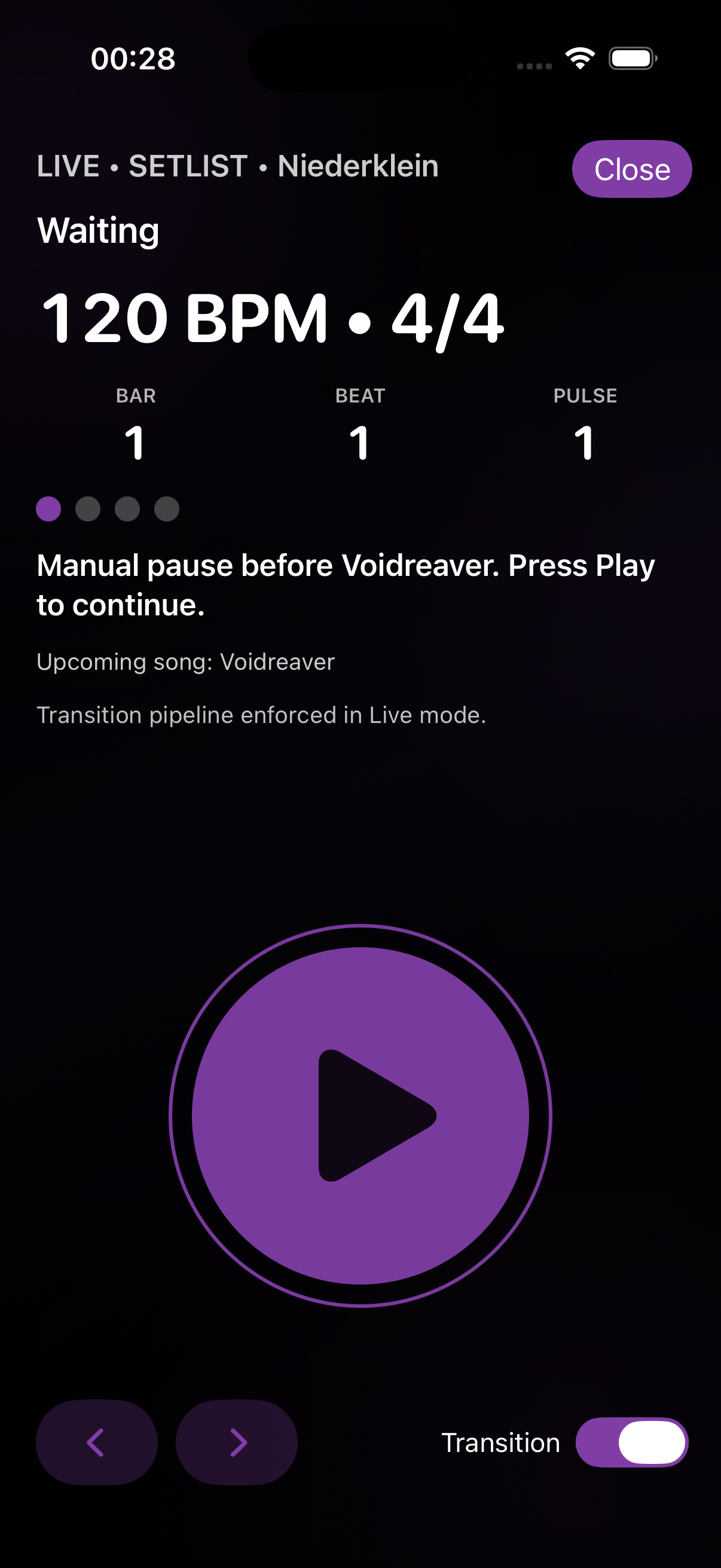 TempoDeck live mode view on iPhone