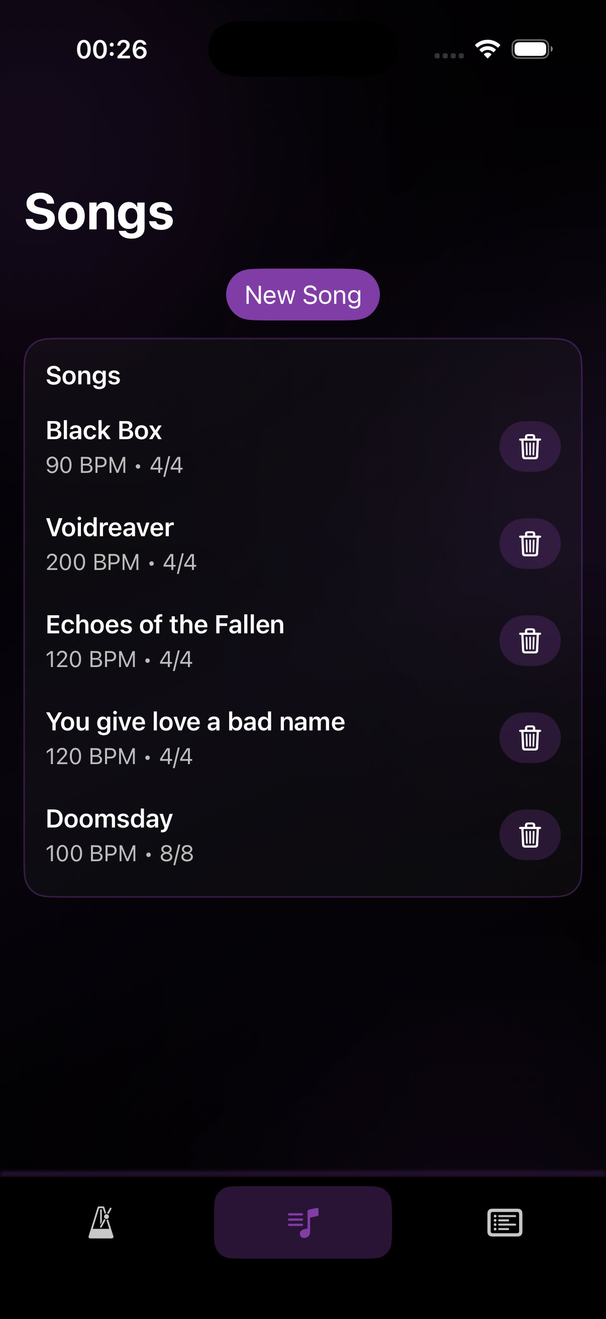 TempoDeck songs view on iPhone